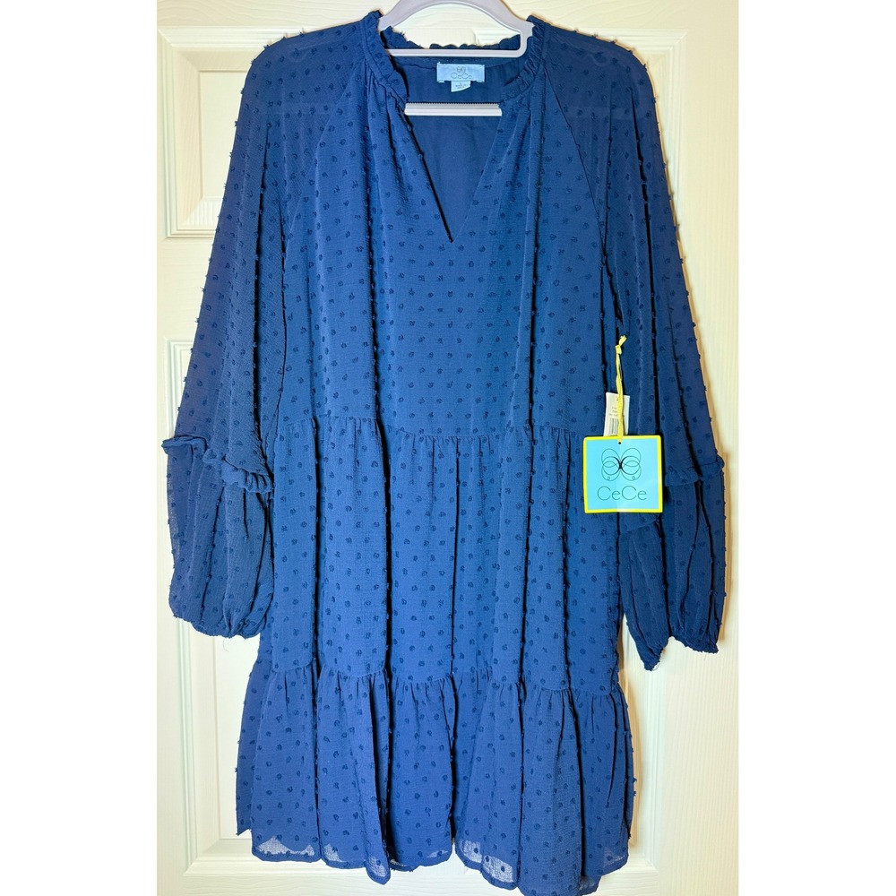CeCe Clip Dot Tiered Shift Dress Classic Navy Large Long Sleeve V-Neck NWT